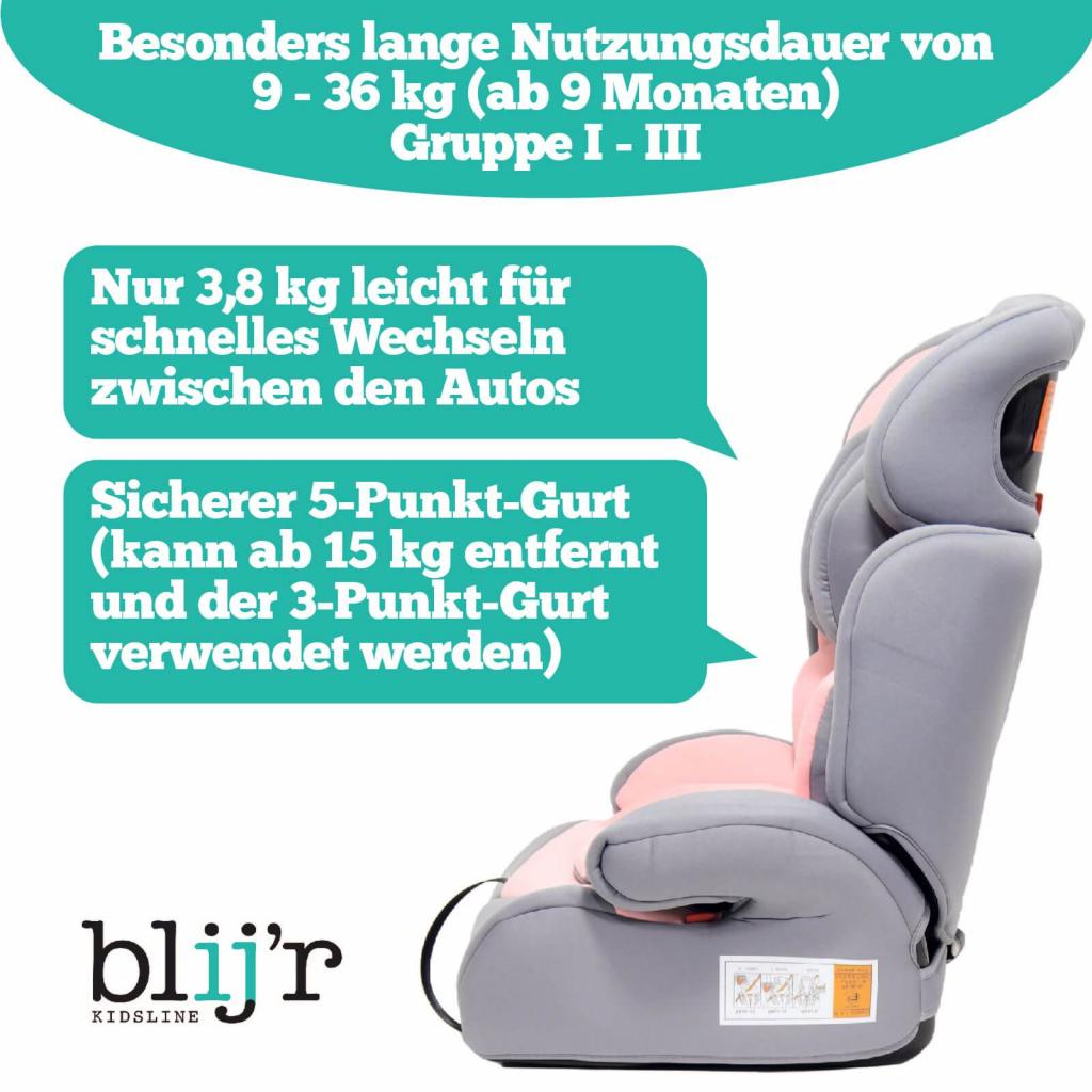 Blij`r Ivo pink/grey Autositz mit der USPs Nutzungsdauer, Gewicht und Sicherheitsgurt