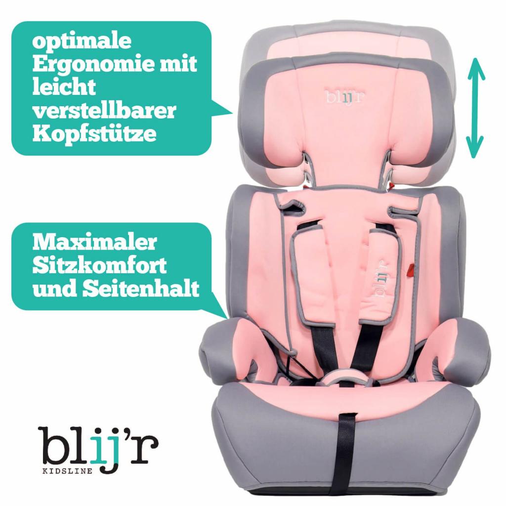 Blij`r Ivo pink/grey Autositz mit der USPs Ergonomie und Sitzkomfort