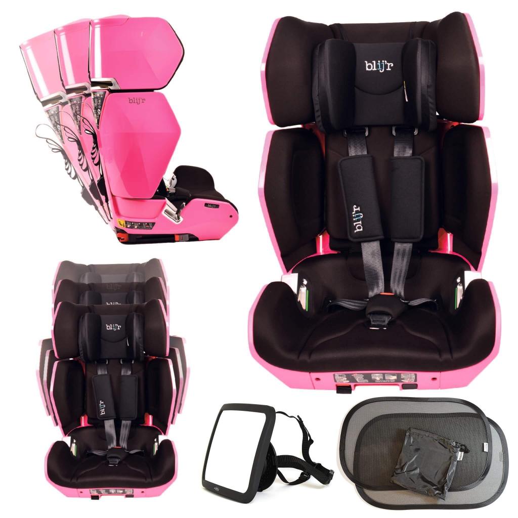 Profilbild des Blijr Uniek Pink Kindersitzes mit Wumbi Rücksitzspiegel und Sonnenschutz