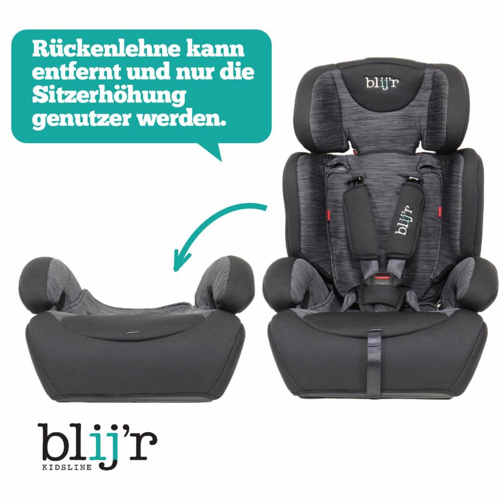 Abnehmbare Rückenlehne des Blij´r Ivo Grey/Black Autositz mit Wumbi Rücksitzspiegel und Sonnenschutz