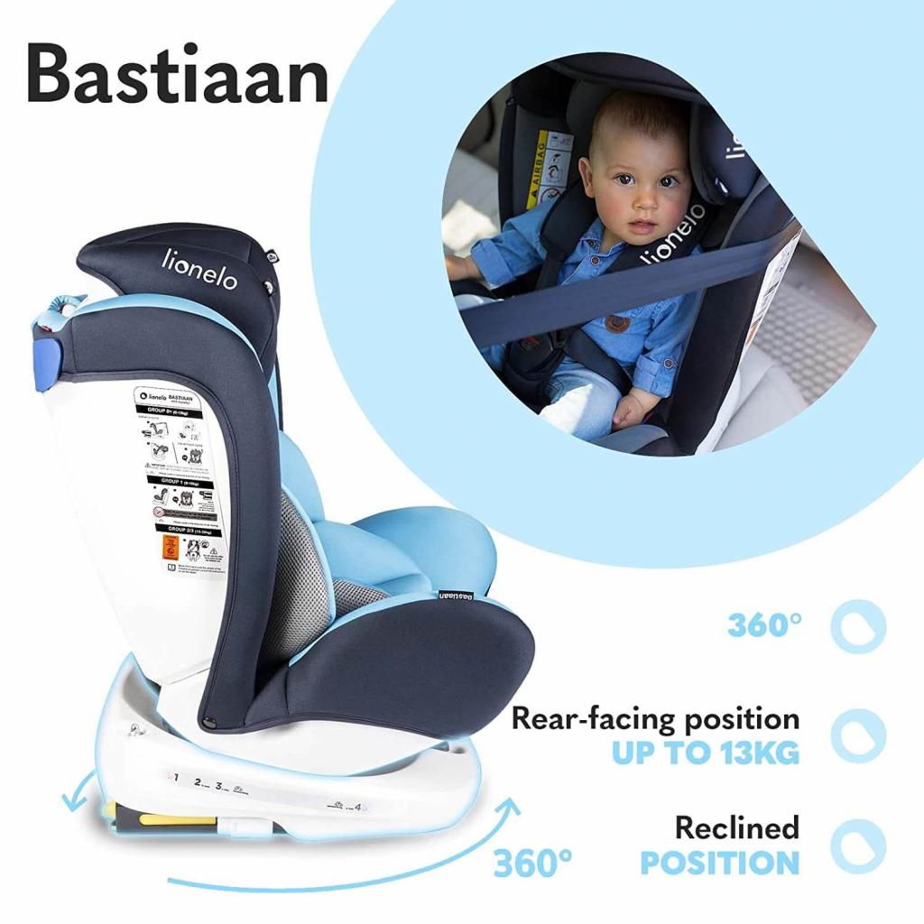 Seitenansicht des blauen lionelo Kindersitz Bastiaan