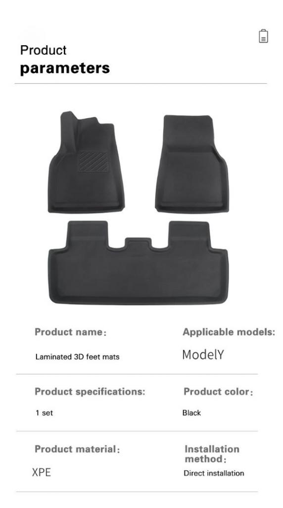 Tesla Fußmatten Produktparameter