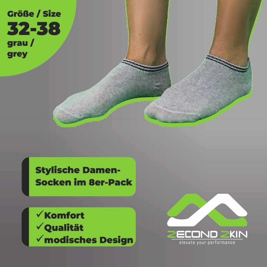 Zecond Zkin 8 Paar Sneaker Socken Gr. 32 - 38 grau